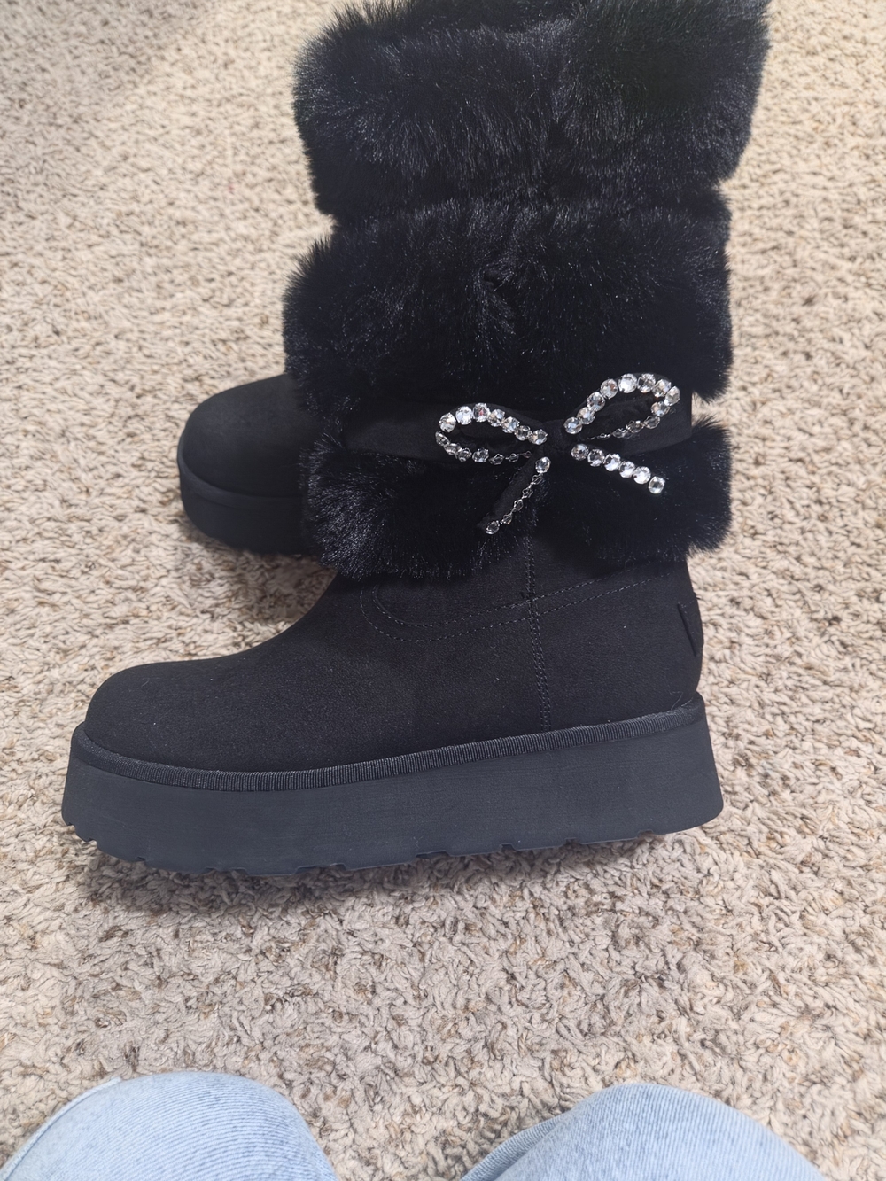Women's Black Faux Fur Crystal Bow Platform Winter Boots